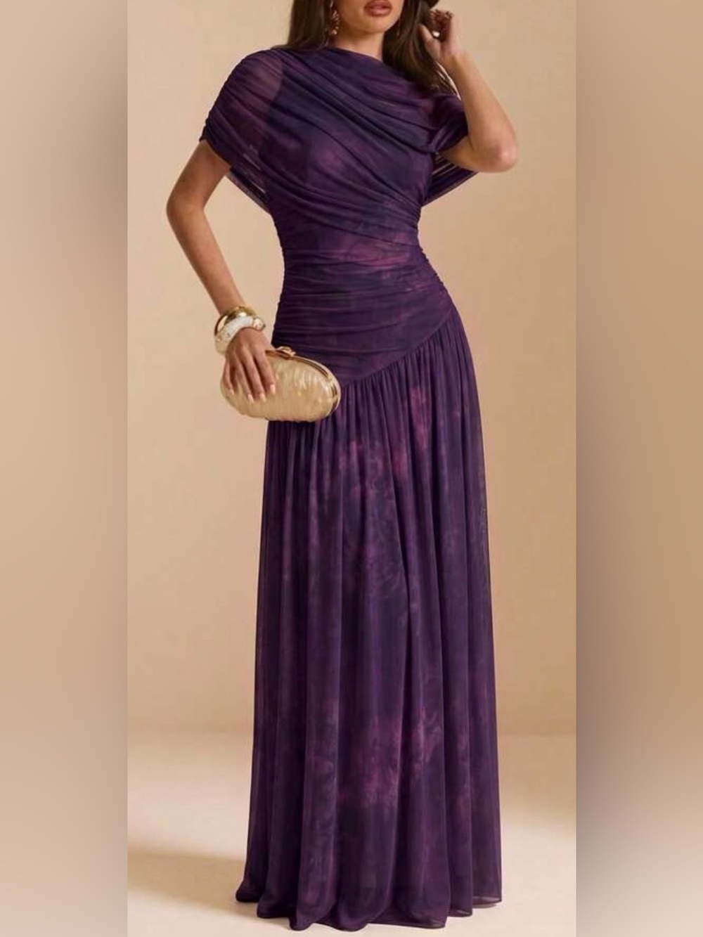 Graceful Purple Ruched Maxi Dress - Women's Evening Gown